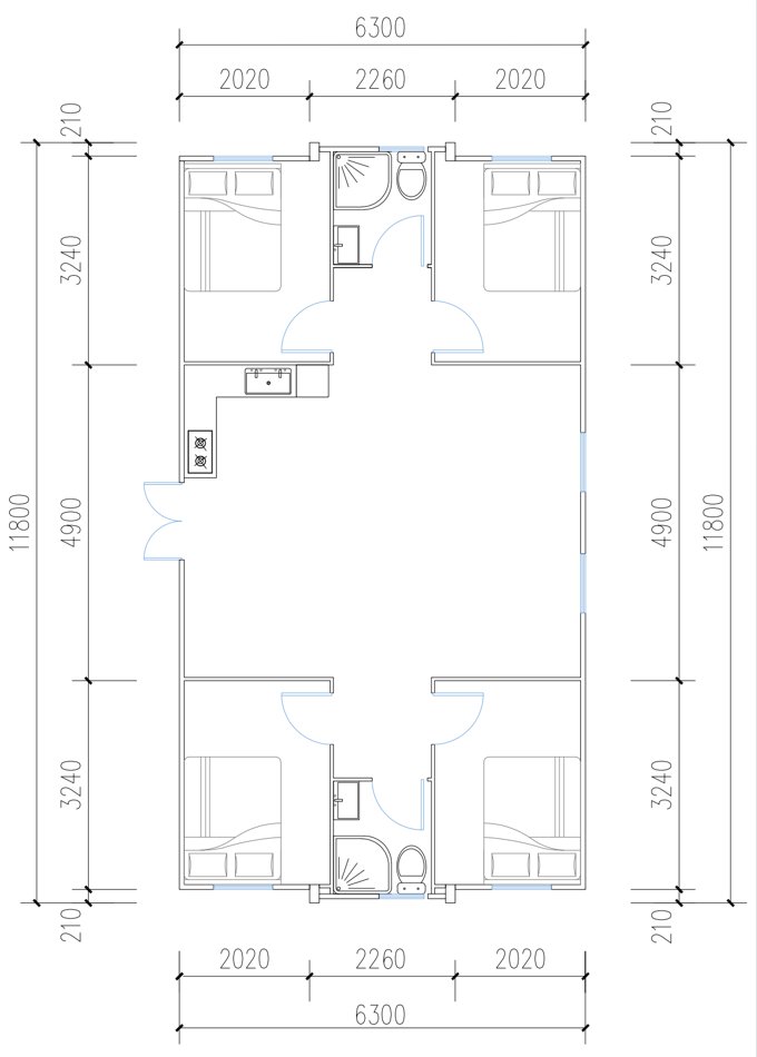 40ft expandable house multi-bathroom floor plan reference